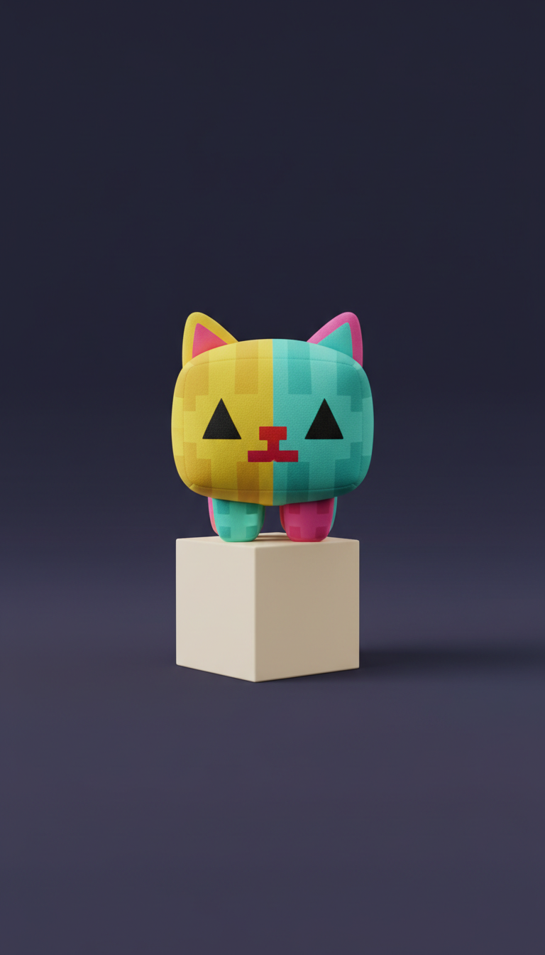 Pixel Cat plush with 8-bit pattern