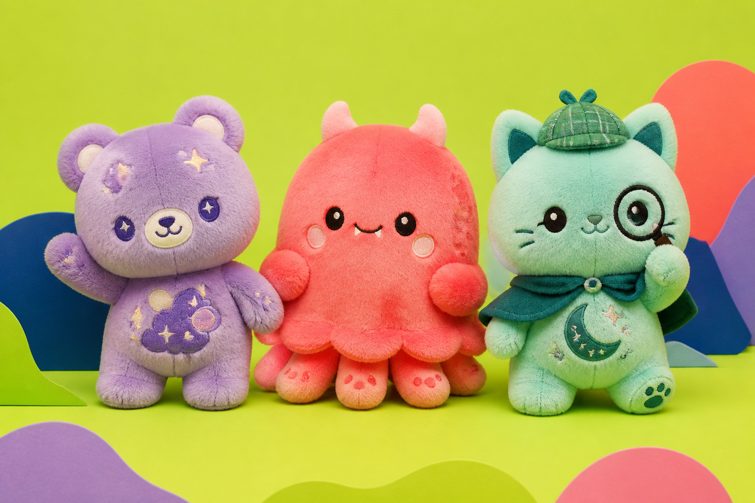 Original lavender bear, coral monster, and mint cat plush character lineup